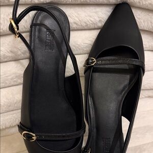 Black Pointed Toe Slingback Flats with Gold Buckle